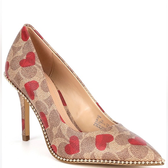 Coach Logo Monogram Waverly Pump Heels With Coated Canvas Heart Print - Picture 1 of 11